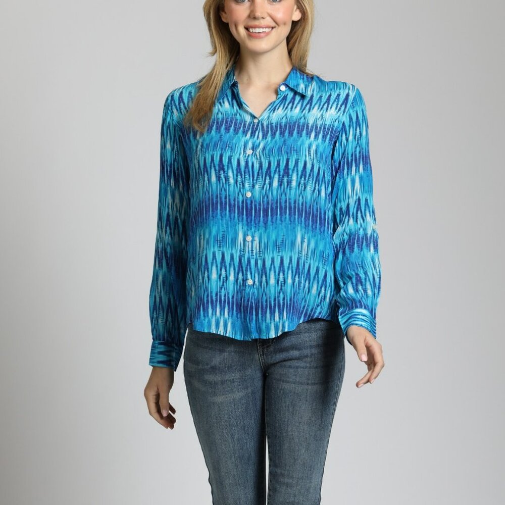 NEW APNY Azure Ikat Stripe - Button-Up With Roll-Up Sleeve Blouse